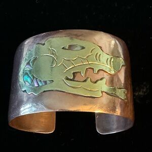 Vintage Mexico Copper Cuff Bracelet with Brass & Abalone Fire-Breathing Dragon